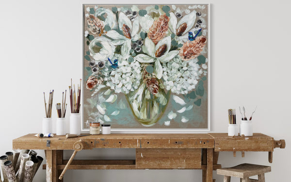 Petite magnolia and banksia - 76x76 cm - original on Belgian linen