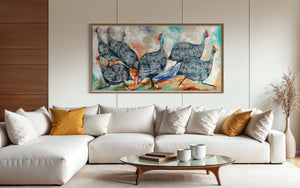 Guinea fowl gathering -Original on gallery canvas  75x150 cm