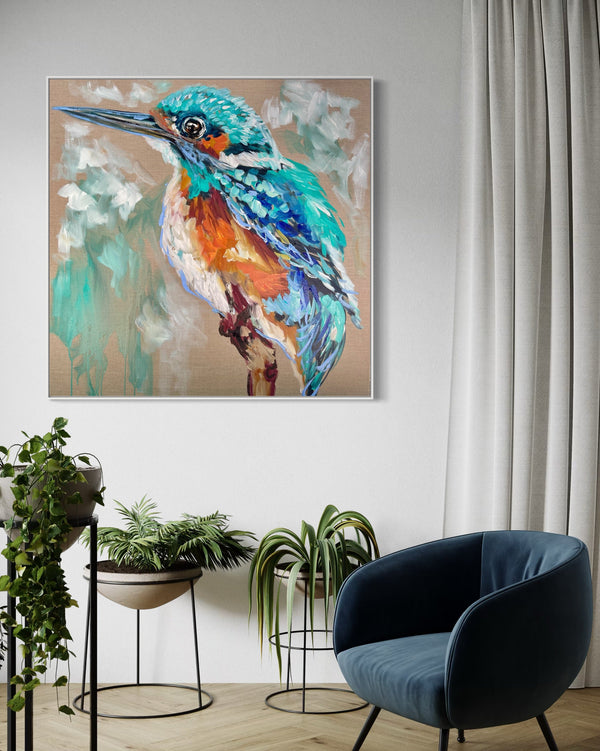 Aure Kingfisher-original on belgian linen - 90x90 Cm