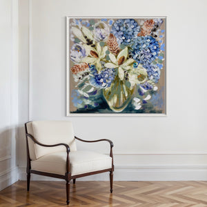Grand Magnolia and hydrangea -original on Belgian linen   - 90x90 Cm