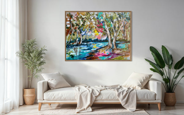 Dappled light and river gums -Original on Belgian linen  90x120  Cm