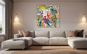 Bird life Australia - Original on Belgian linen - 120x120 Cm