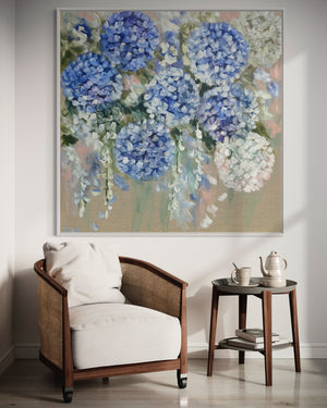 Pastel hamptons hydrangea - original on belgian linen 120x120 cm