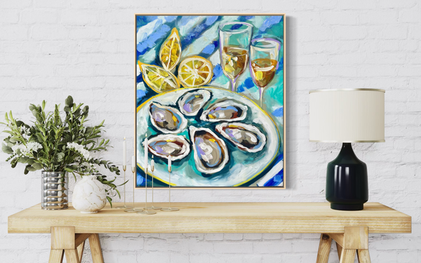 60x70cm - beach house oysters and Prosecco  - original on gallery canvas