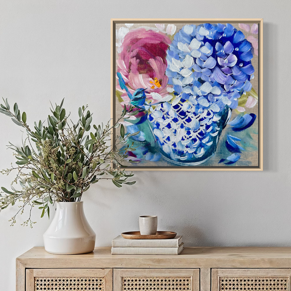 Peony vase 2- original on Belgian linen - 30x30 cm