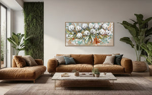 Australian cotton , wheat and willy wagtails -Original on belgian linen  75x150 Cm