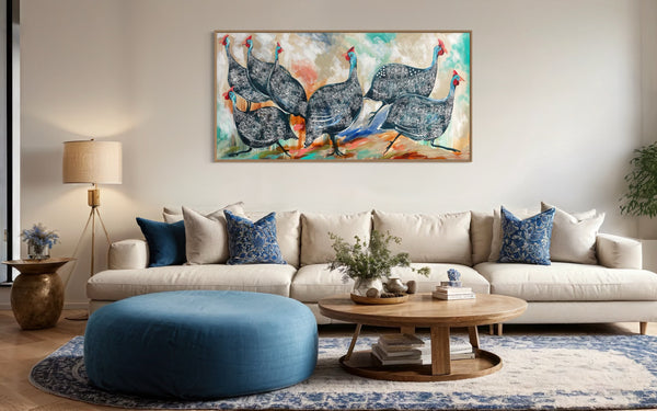 Guinea fowl gathering -Original on gallery canvas  75x150 cm