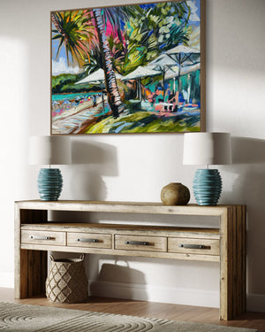 Boardwalk to bistro c- noosa- original on Belgian linen 75x100  cm