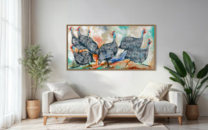 Guinea fowl gathering -Original on gallery canvas  75x150 cm