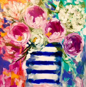 Peony in stripe vase - art print