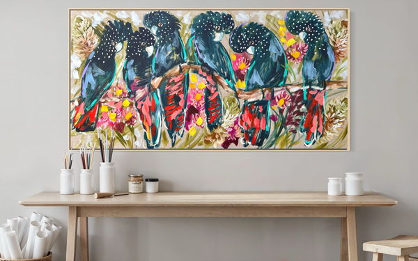 Red tailed Black cockatoo -Original on Belgian linen  75x150 Cm