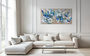 Blue Wrens and cherry blossom -Original on Belgian linen  75x150 Cm