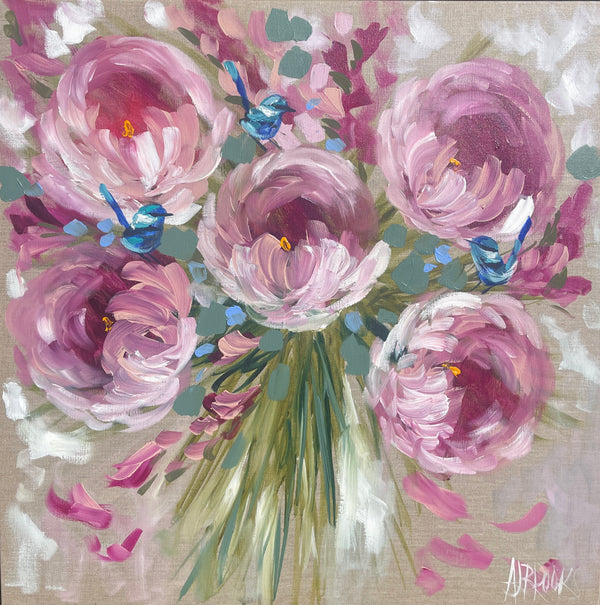 Blush peony and sweet pea- 76x76 cm - original on Belgian linen