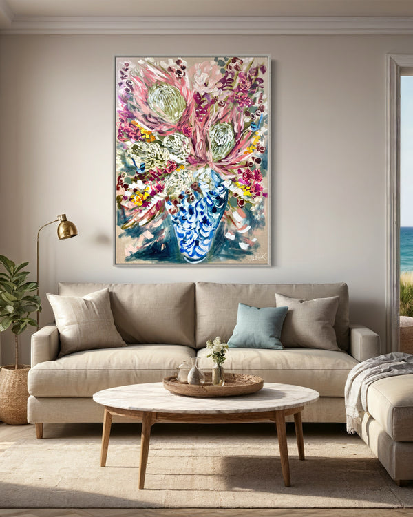 Protea , bush wattle and blue wrens -Original on belgian linen-  90x120 Cm