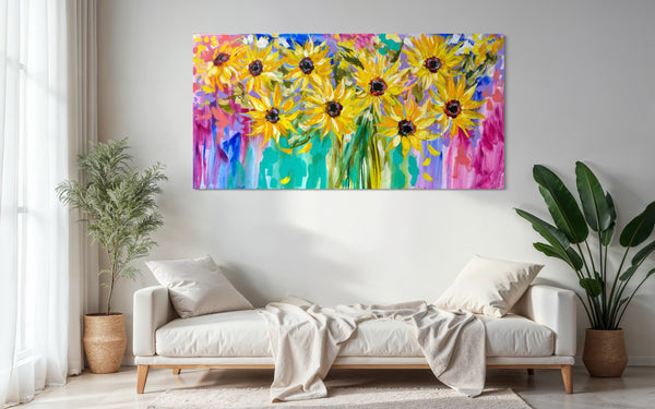 Rise and shine sunflowers -Original on Belgian linen  75x150 Cm