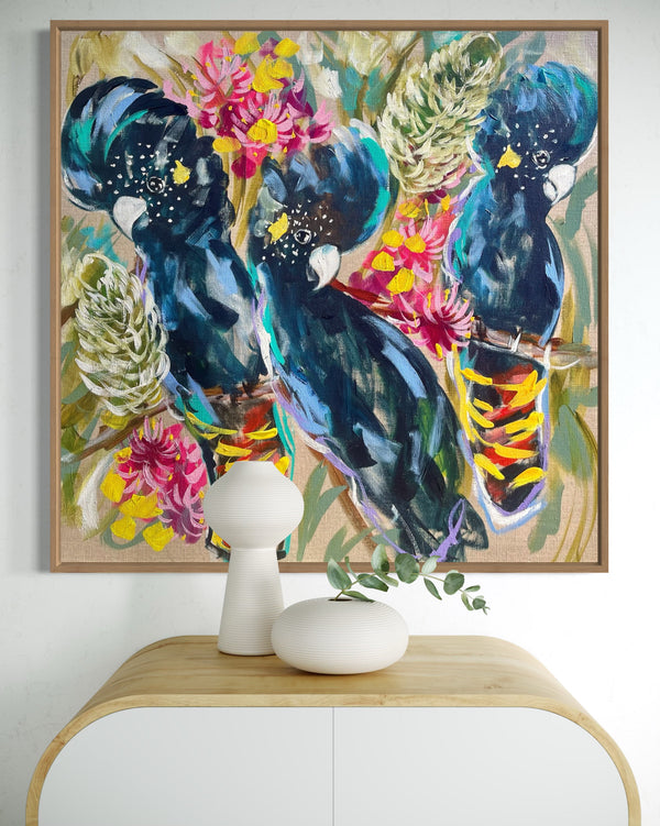 Glossy black cockatoo and banksia  - 76x76 cm - original on Belgian linen