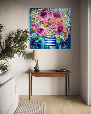 Country Peony and banksia -original on gallery canvas - 90x90 Cm
