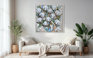Aussie cotton , wheat and willy wagtails -original on belgian linen  - 90x90 Cm