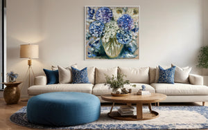 Powder blue hydrangeas - Original on Belgian linen 90x90cm