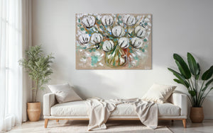 Australian cotton blooms , wheat and Willy wagtails -Original on gallery canvas  90x120 cm