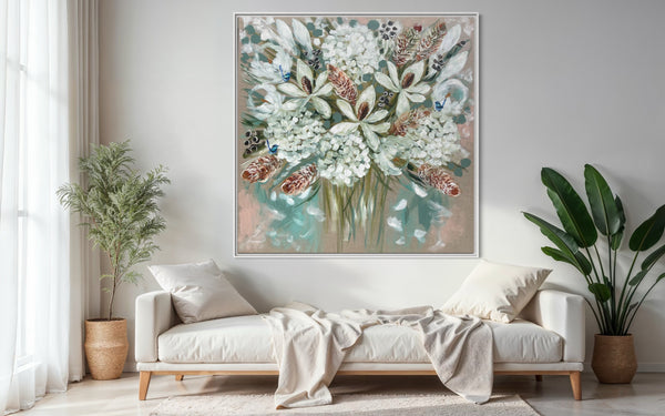 Summer  white blooms and banksia -Original on Belgian linen 120x120 cm