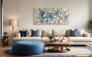 Serene wrens and cherry blossoms -Original on Belgian linen  75x150 Cm