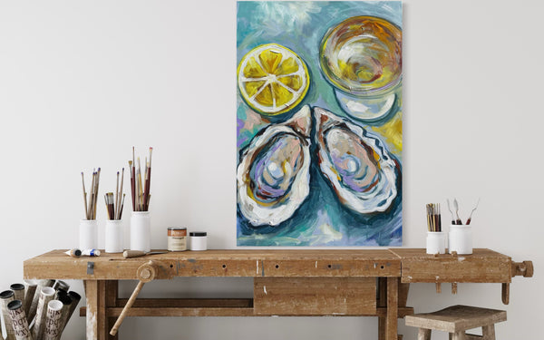 Beach house oysters and wine -60x90cm - original on gallery canvas