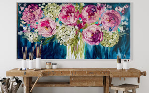 Moonlit peony and hydrangea -Original on gallery canvas 75x150 cm