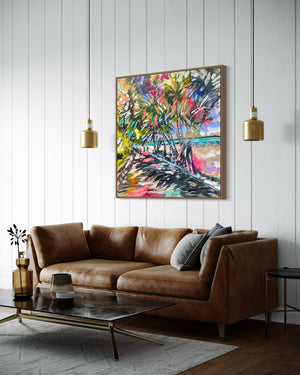 Sunny Life - Noosa Main Beach -original on Belgian linen - 90x90 Cm