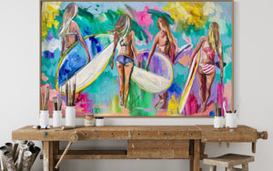 Surf girls at sunrise - original on gallery canvas 90x150  cm