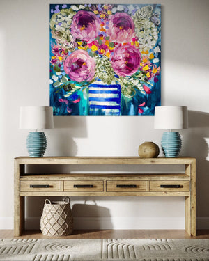 Country Peony and banksia -original on gallery canvas - 90x90 Cm