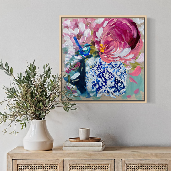 Peony vase 3 - original on Belgian linen- 30x30 cm