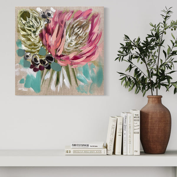 King protea -original on Belgian linen - 30x30 cm