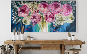 Magenta peony and  hydrangeas -Original on gallery canvas 75x150 cm