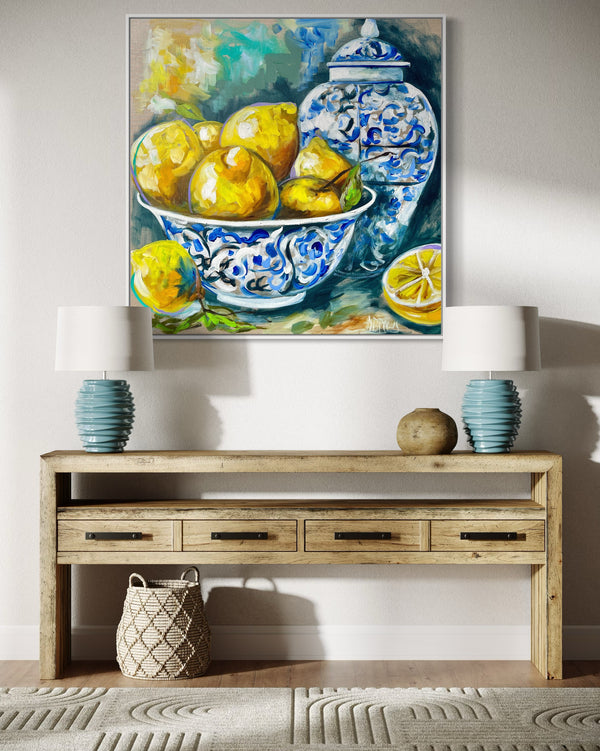 Lemon bowl and ginger jar - original on belgian linen  - 90x90 Cm