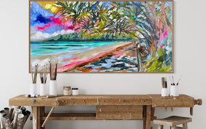 Vibrant Summer days - noosa main beach - original on Belgian linen 75 x150 cm