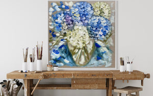 Powder blue Hydrangea- 76x76 cm - original on Belgian linen