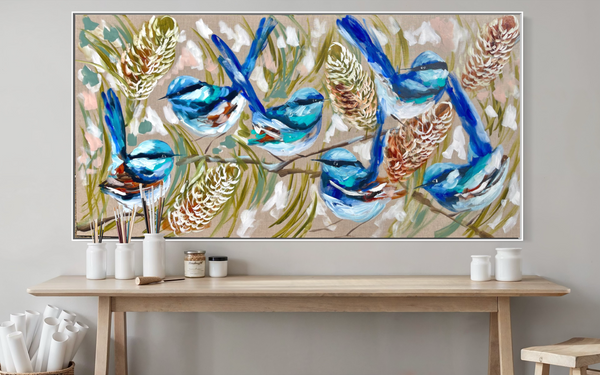Blue wrens and banksia -Original on belgian linen 75x150 cm
