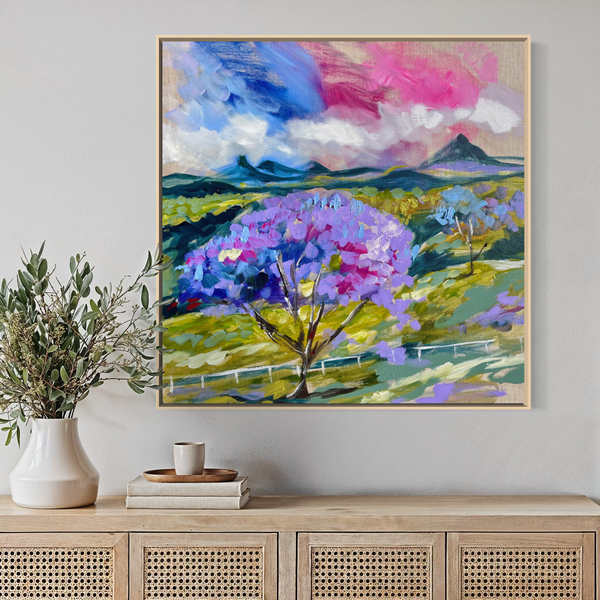 Glass house mountains and jacaranda 60x60 cm - original on Belgian linen