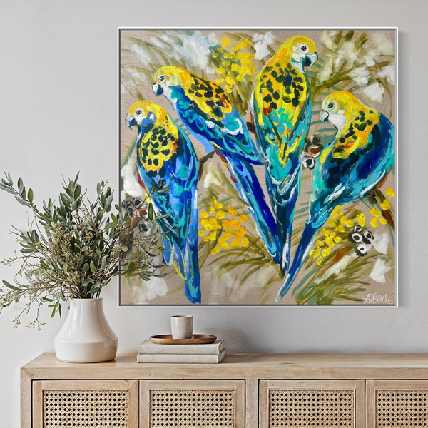 Golden wattle and rosella - Original on Belgian linen 90x90 cm