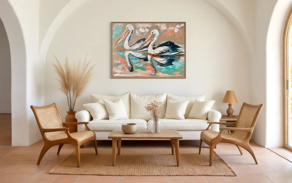 Pelicans at Sunset - original on Belgian linen  - 75x100 Cm