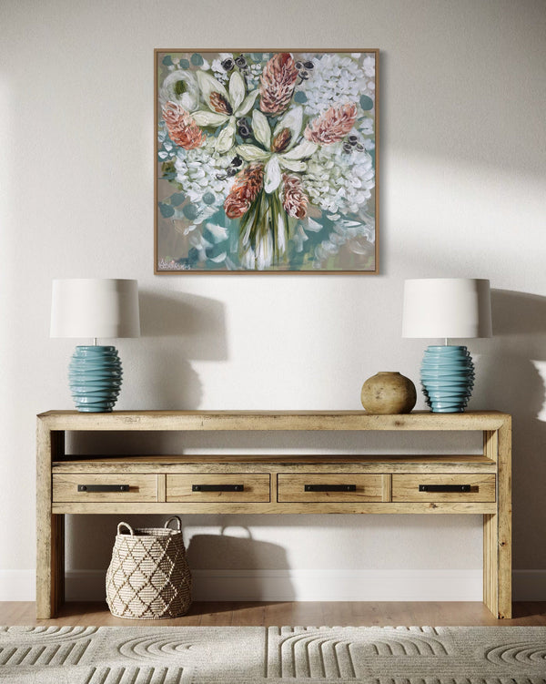 Delicate magnolia and bush blooms - 76x76cm -original on Belgian linen