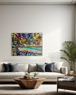 Glowing sunset - little cove - noosa - original on Belgian linen 75x100  cm