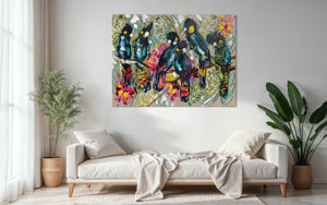 Forest Party Cockatoos -Original on Belgian linen  90x120  Cm