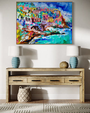 Azure coastline- Cinque Terre- original on Belgian linen 75x100  cm