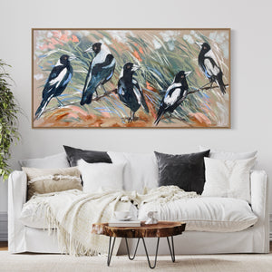 Magpie familly -  Original on Belgian linen  75x150 Cm