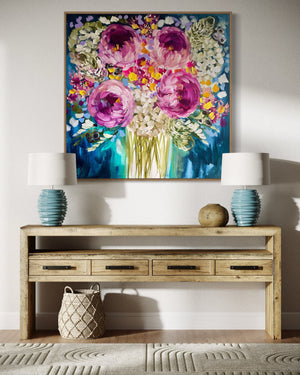 Midnight Peony and banksia -original on gallery canvas - 90x90 Cm