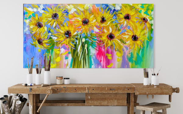 Blue sky sunflowers -Original on gallery canvas   75x150 Cm