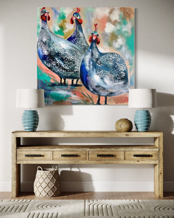 Guinea fowl family -Original on Belgian linen 90x90cm