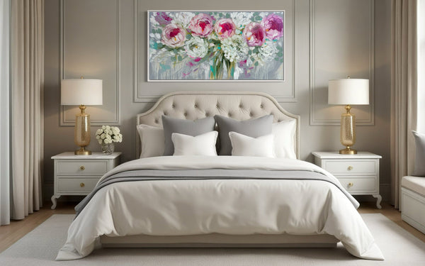 Romance  peony and hydrangea -Original on gallery canvas 75x150 cm